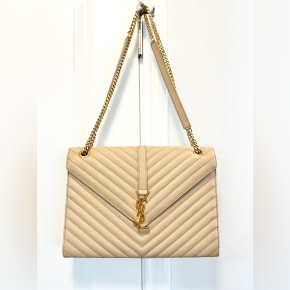 Auth SAINT LAURENT Grain De Poudre Matelasse Chevron Large Monogram Satchel Bag - Picture 15 of 16